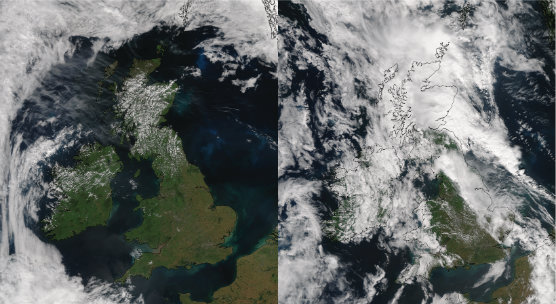What a difference a day makes – satellite images show the unpredictability of the British summer